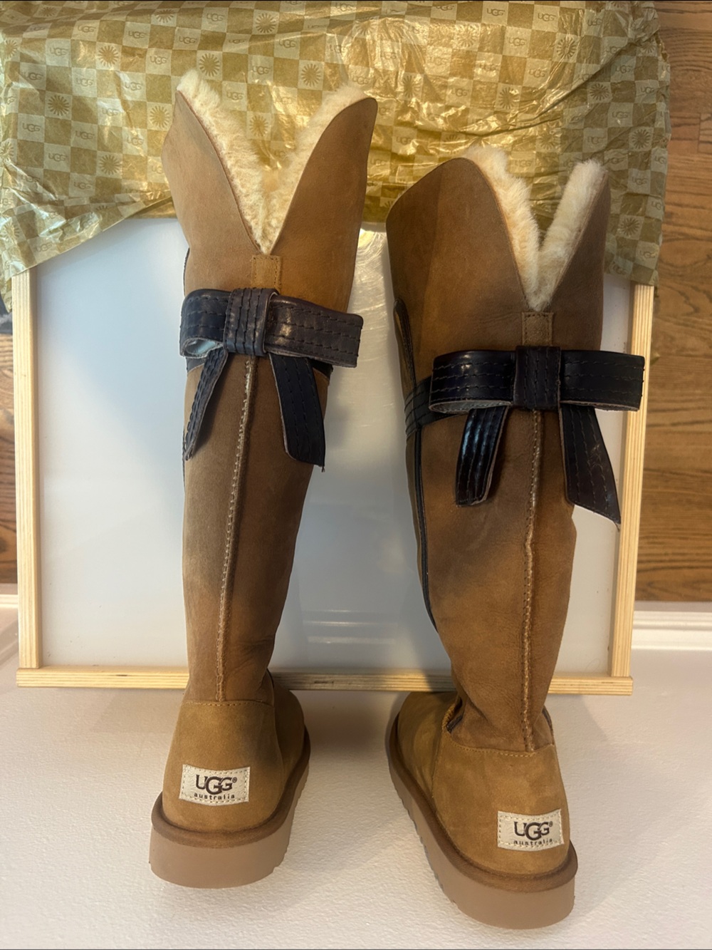 UGG Chestnut Suede Tall Boots with Dark Brown Bow - size 8 ***New w/ tags - Picture 4 of 6